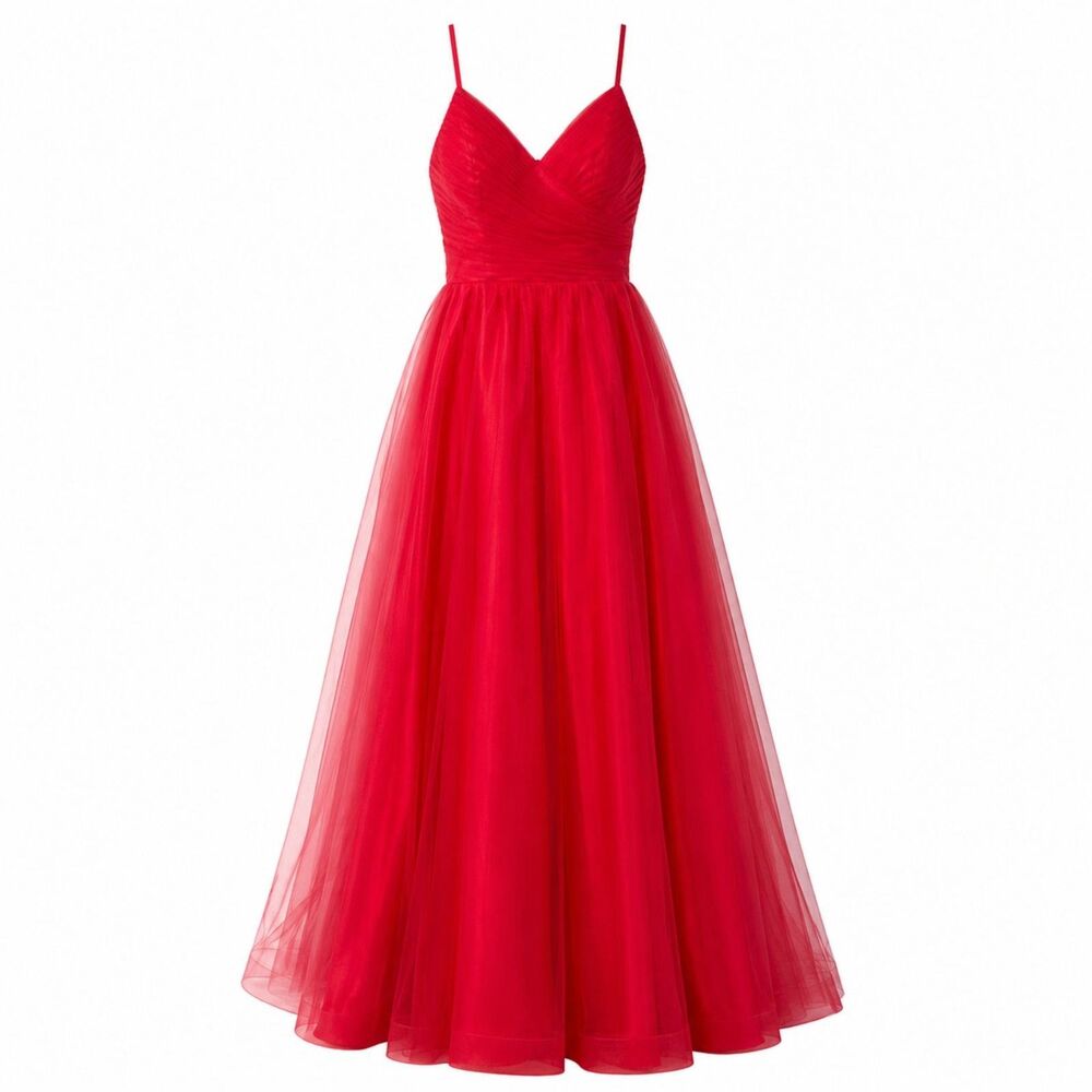 HEBEOS Dress Women's Small Coral Tulle Ball Gown V Neck Formal Maxi Evening NWT